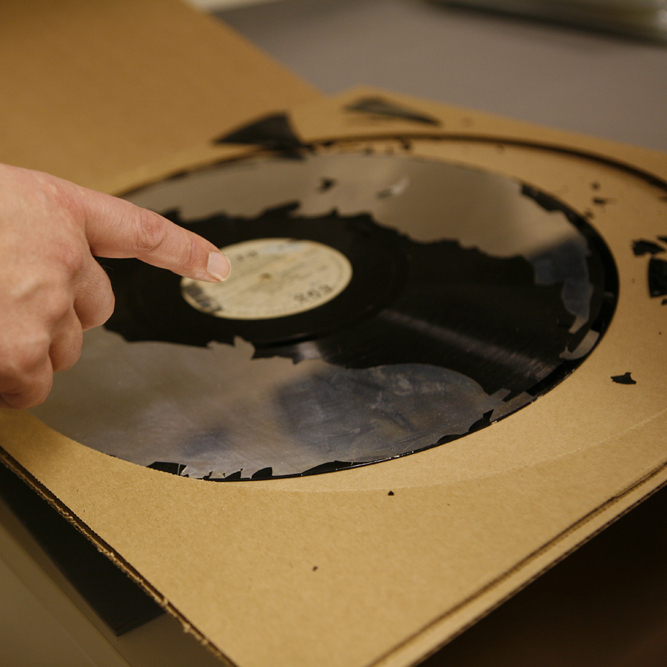 A 16-inch lacquer disc, a format used in the 1930s, from the collection of the Library of Congress. Most of the lacquer, the part of the disc where the sound was etched, has been lost to decay.