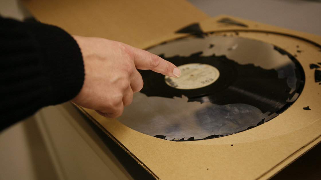 A 16-inch lacquer disc, a format used in the 1930s, from the collection of the Library of Congress. Most of the lacquer, the part of the disc where the sound was etched, has been lost to decay.