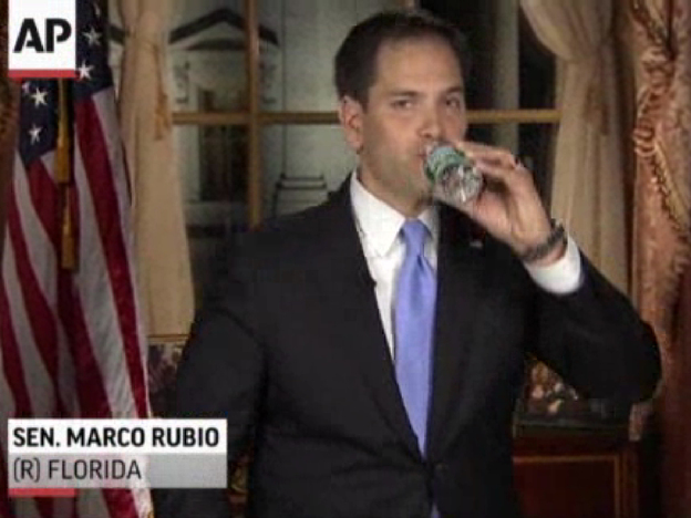 In this frame grab from video, Florida Sen. Marco Rubio takes a sip of water during his Republican response to President Obama's State of the Union address on Tuesday.