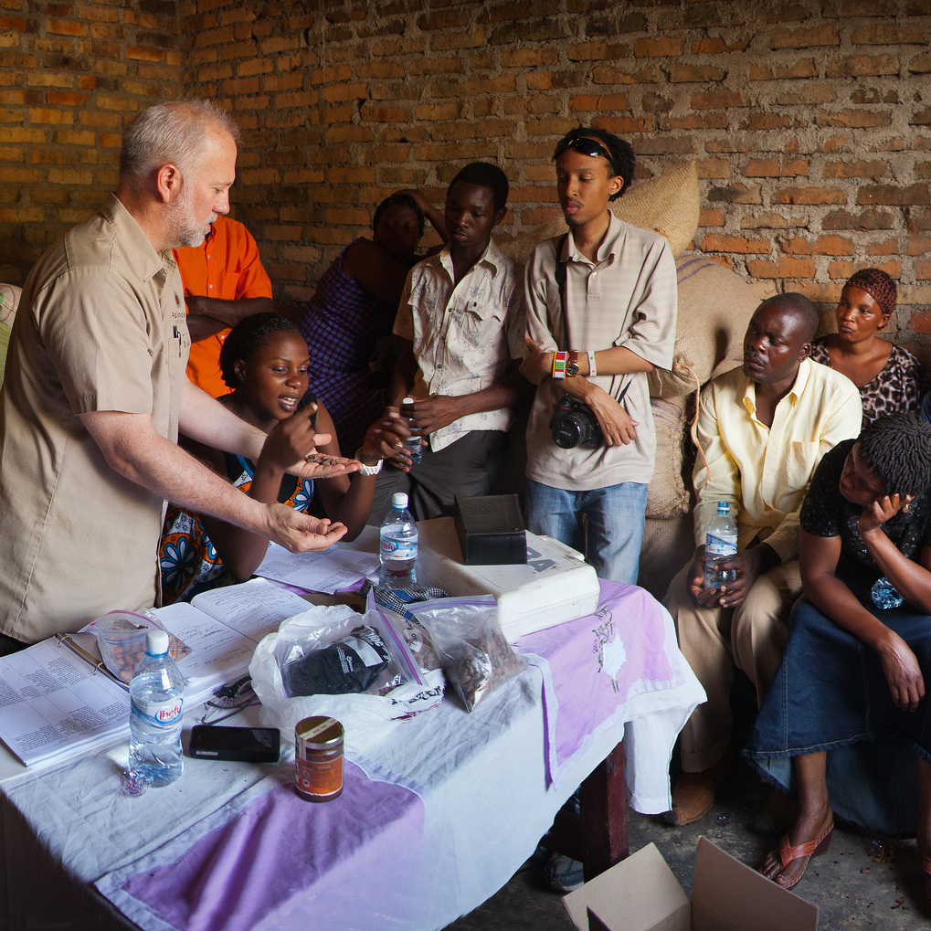 Shawn Askinosie, founder of Askinosie Chocolate, buys cocoa beans directly from farmers, like this Uwate cocoa farmers group in Tenende, Tanzania. Dealing direct "impacts the flavor of chocolate, and it brings the consumers closer to the producers," Askinosie says.