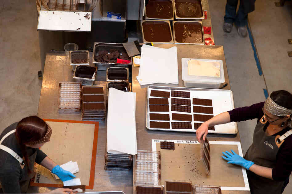 The Dandelion Chocolate factory has an open workspace where patrons can watch--and smell--the chocolate as it is ground, conched, formed into bars, and wrapped.