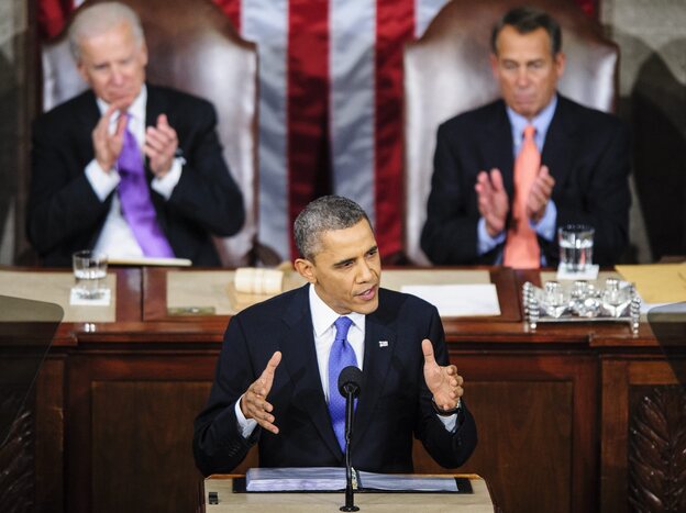 President Obama during Tuesday night's State of the Union address. Behind him: Vice President Biden (left) and House Speaker John Boehner, R-Ohio.