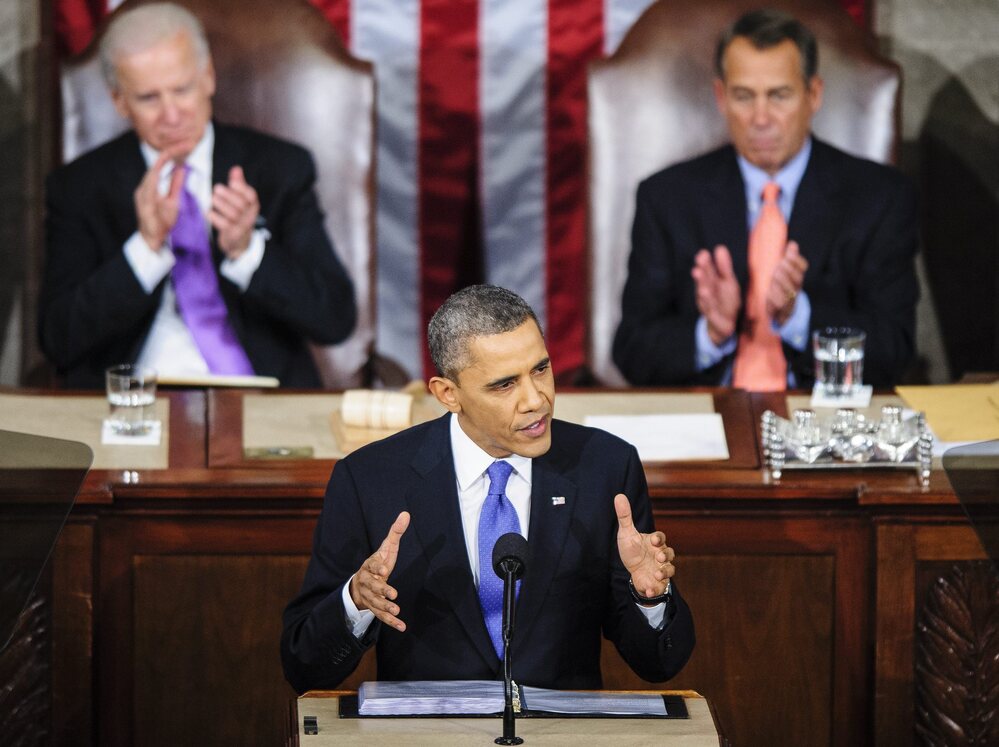 President Obama during Tuesday night's State of the Union address. Behind him: Vice President Biden (left) and House Speaker John Boehner, R-Ohio.