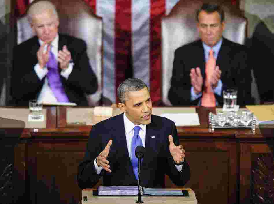 President Obama during Tuesday night's State of the Union address. Behind him: Vice President Biden (left) and House Speaker John Boehner, R-Ohio.