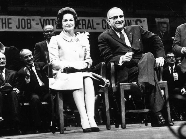 Lady Bird Johnson and  President Lyndon Johnson at an election rally in 1964.