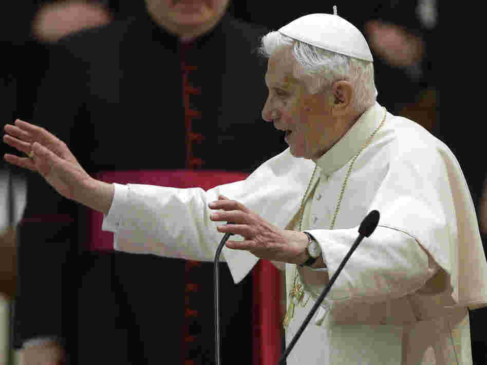 Pope Benedict XVI delivers his blessing after an audience with the Roman clergy in the Paul VI Hall at the Vatican on Thursday.