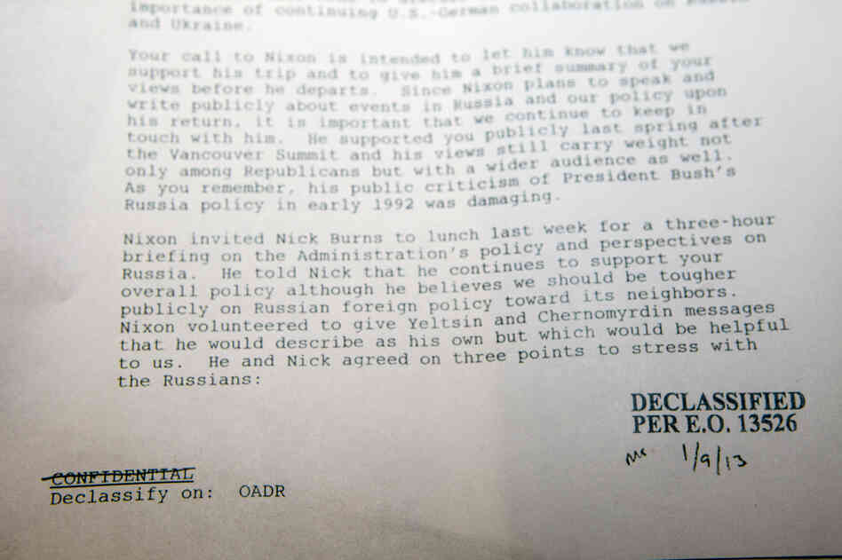 In this Tuesday, Feb.12, 2013 photo, a confidential National Security Council memo from a senior President Bill Clinton aide who spent three hours with former President Richard Nixon, shortly before the former president would make his 10th, and final, trip to Russia.