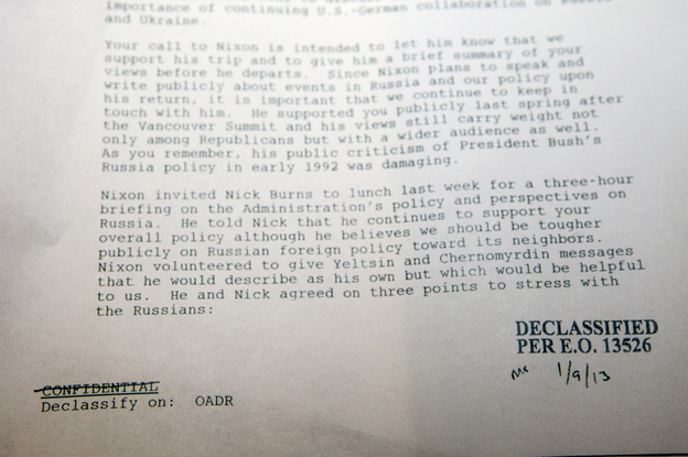 In this Tuesday, Feb.12, 2013 photo, a confidential National Security Council memo from a senior President Bill Clinton aide who spent three hours with former President Richard Nixon, shortly before the former president would make his 10th, and final, trip to Russia.