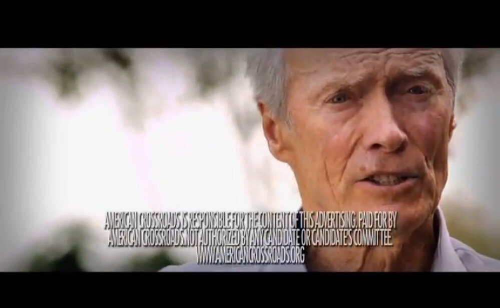 Screenshot of a 2012 TV ad, featuring actor Clint Eastwood for Mitt Romney, by the Republican group American Crossroads.