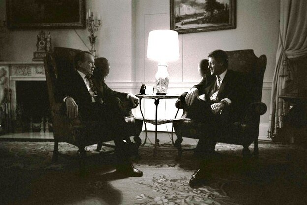 Former President Richard Nixon visits with President Bill Clinton in the family quarters of the White House, March 8, 1993.