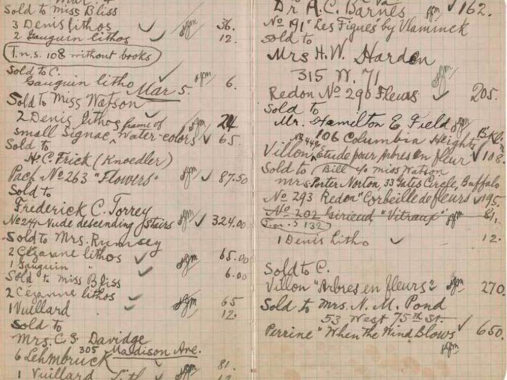 A notebook recording sales at the New York Armory Show shows that Marcel Duchamp's Nude Descending a Staircase sold for $324.