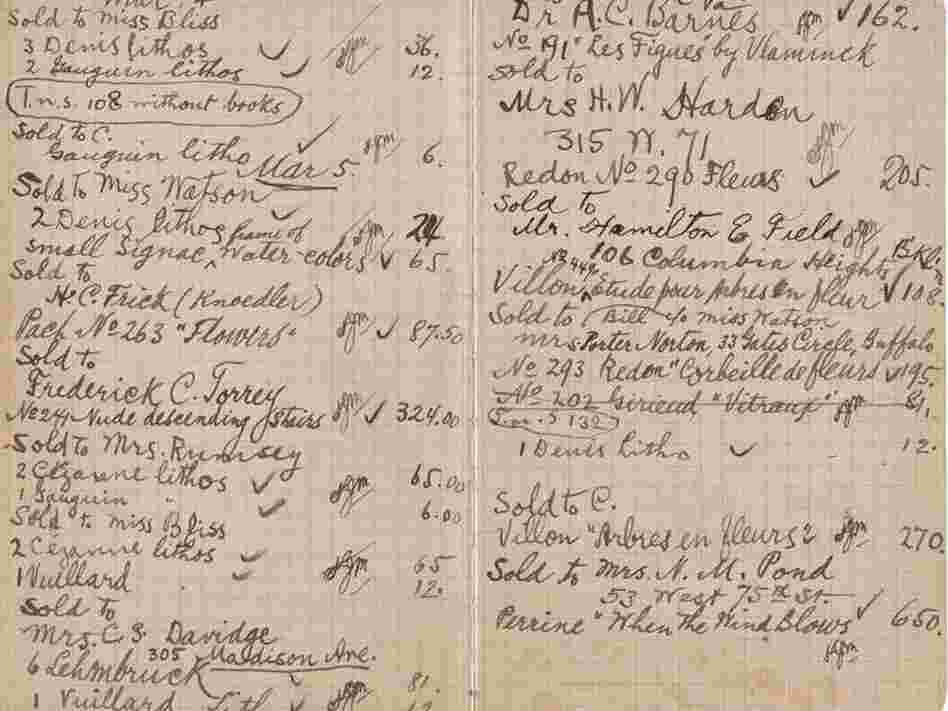 A notebook recording sales at the New York Armory Show shows that Marcel Duchamp's Nude Descending a Staircase sold for $324.