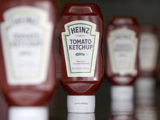 Bottles of Heinz ketchup.