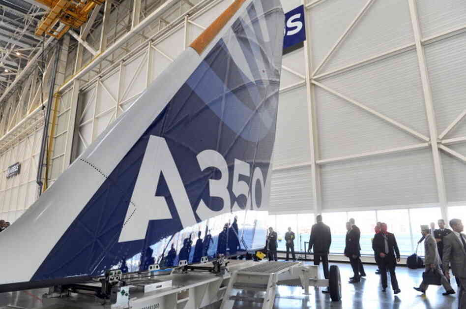 A tail of an Airbus long-haul  A350 XWB under construction at the European aircraft maker's assembly line in France.