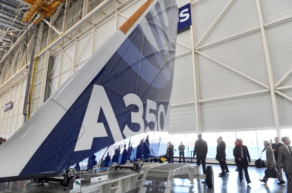A tail of an Airbus long-haul  A350 XWB under construction at the European aircraft maker's assembly line in France.