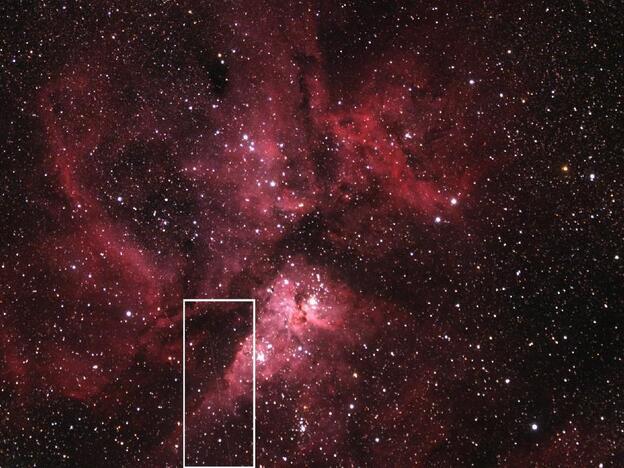 This image shows asteroid 2012 DA14 and the Eta Carinae Nebula, with the white box highlighting the asteroid's path. The image was taken using a 3" refractor equipped with a color CCD camera. The telescope is located at the Siding Spring Observatory in Australia and is maintained and owned by iTelescope.net.