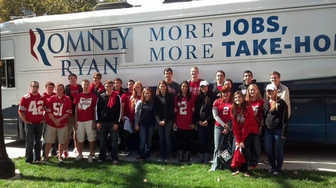 Ohio State College Republicans await Mitt Romney's son, Craig, who canvassed with them in Columbus last October.