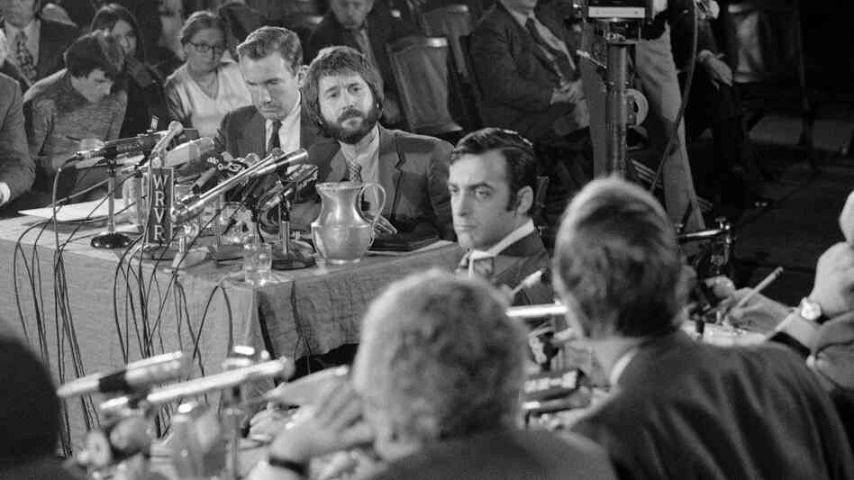 In this 1971 file photo, the real-life Frank Serpico (center, with beard) appears at a hearing during an investigation into police corruption in New York City.