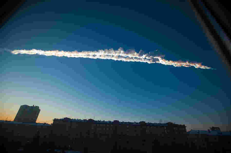 In this photo provided by Chelyabinsk.ru a meteorite contrail is seen over Chelyabinsk on Friday.