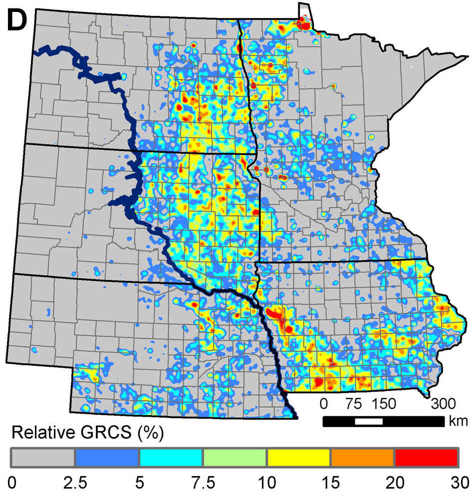 Hot spots of grassland conversion: This map shows the percentage of existing grasslands that were converted into corn or soybean fields between 2006 and 2011. Hot spots of grassland conversion: This map shows the percentage of existing grasslands that were converted into corn or soybean fields between 2006 and 2011.