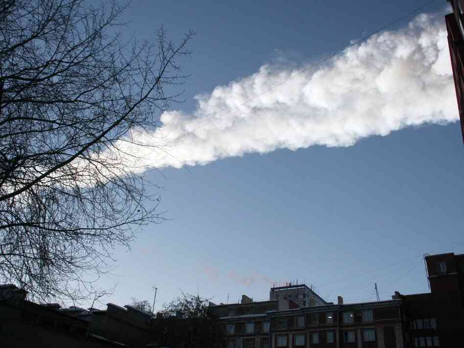 A meteor's vapor trail above  the city of Chelyabinsk, Russia, on Friday.
