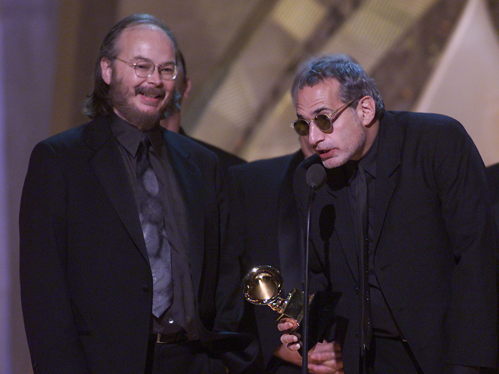 Walter Becker (left) and Donald Fagen of Steely Dan accept the award for Album of the Year at The 43rd Annual Grammy Awards.