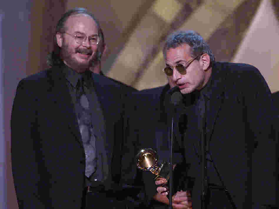 Walter Becker (left) and Donald Fagen of Steely Dan accept the award for Album of the Year at The 43rd Annual Grammy Awards.