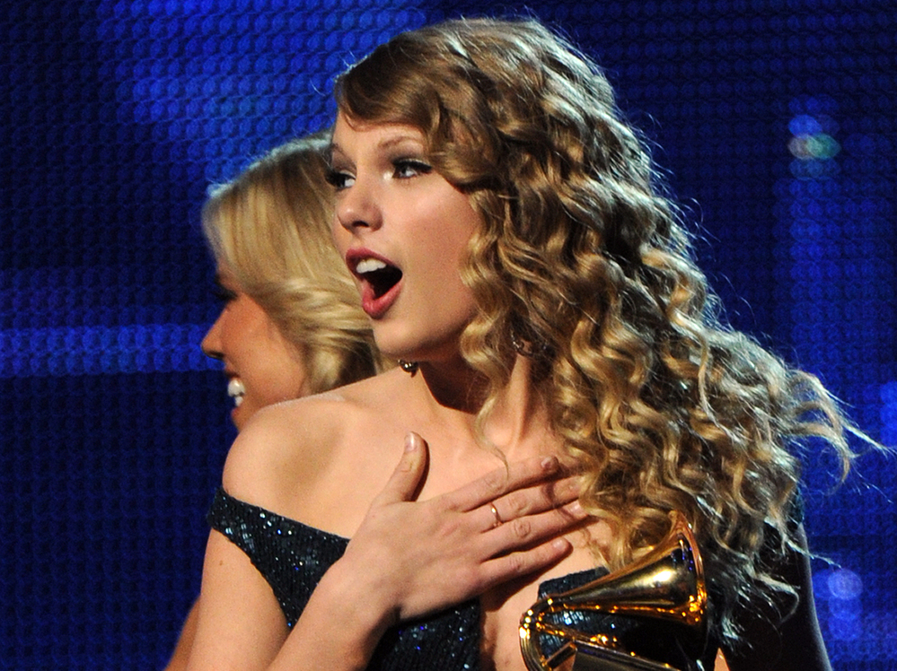 Taylor Swift accepts the award for Album of the Year during the 52nd annual Grammy Awards in Los Angeles, California on January 31, 2010.