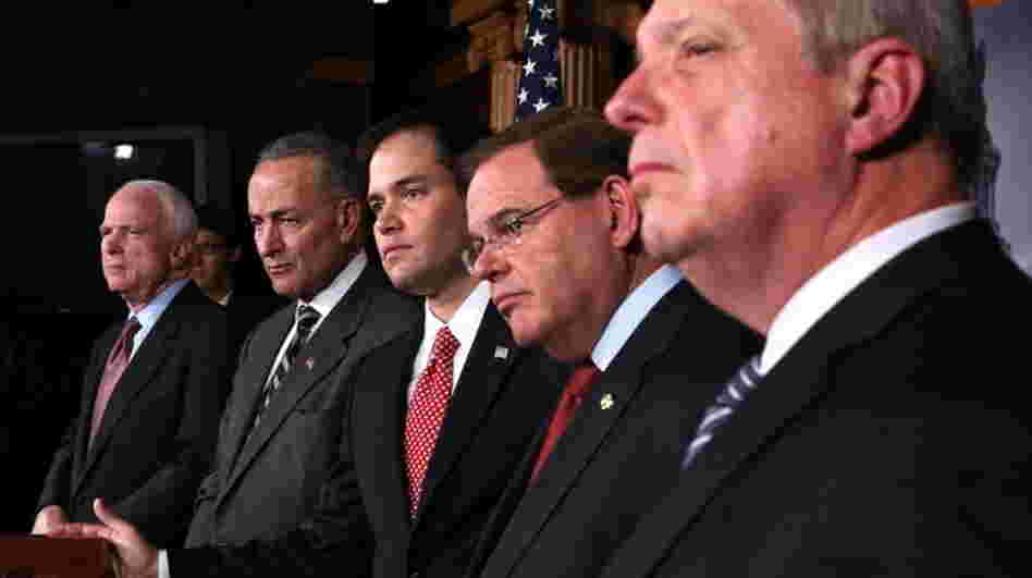 Sen. Charles Schumer, D-N.Y. and Sen. Marco Rubio, R-Fla., (second and third from left) announced plans to work on a bipartisan immigration proposal with their colleagues on Jan. 28 on Capitol Hill. They were also some of the first to respond to a leaked White House proposal.