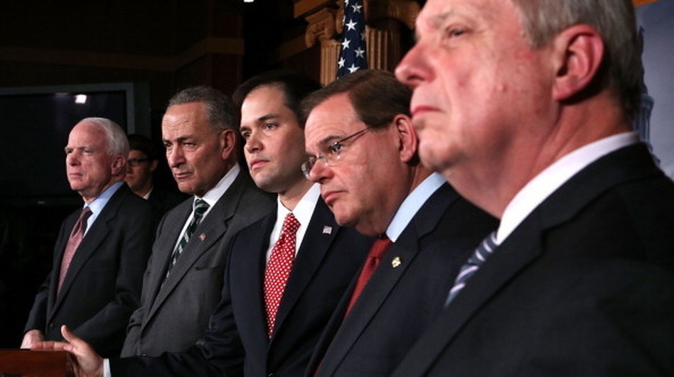 Sen. Charles Schumer, D-N.Y. and Sen. Marco Rubio, R-Fla., (second and third from left) announced plans to work on a bipartisan immigration proposal with their colleagues on Jan. 28 on Capitol Hill. They were also some of the first to respond to a leaked White House proposal.