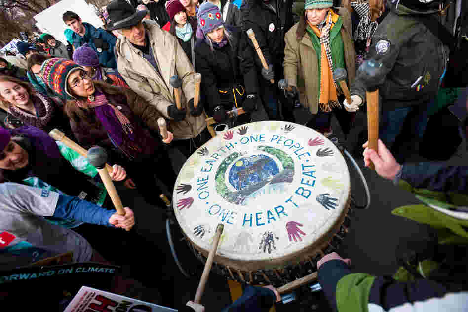 Marchers brought a variety of musical instruments to the Forward on Climate Rally, from harmonicas, trumpets and guitars to a communal drum pushed on a homemade dolly