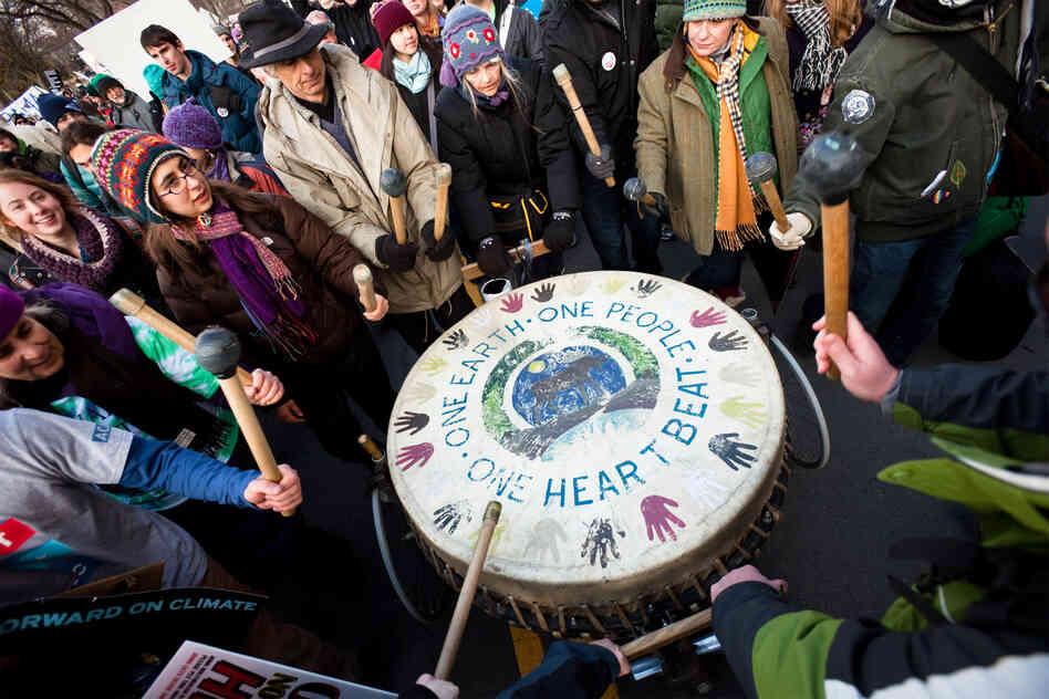 Marchers brought a variety of musical instruments to the Forward on Climate Rally, from harmonicas, trumpets and guitars to a communal drum pushed on a homemade dolly