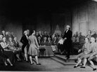George Washington is depicted addressing the Constitutional Convention of 1787 in this painting by Junius Brutus Stearns. Presumably, no representative from Rhode Island is in the picture; Rhode Island boycotted the gathering and originally rejected the Constitution. George Washington is depicted addressing the Constitutional Convention of 1787 in this painting by Junius Brutus Stearns. Presumably, no representative from Rhode Island is in the picture; Rhode Island boycotted the gathering and originally rejected the Constitution.