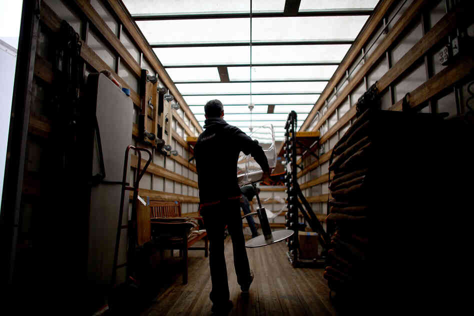 Inside one of the 35 or 40 trucks that arrives daily to collect set dressings.