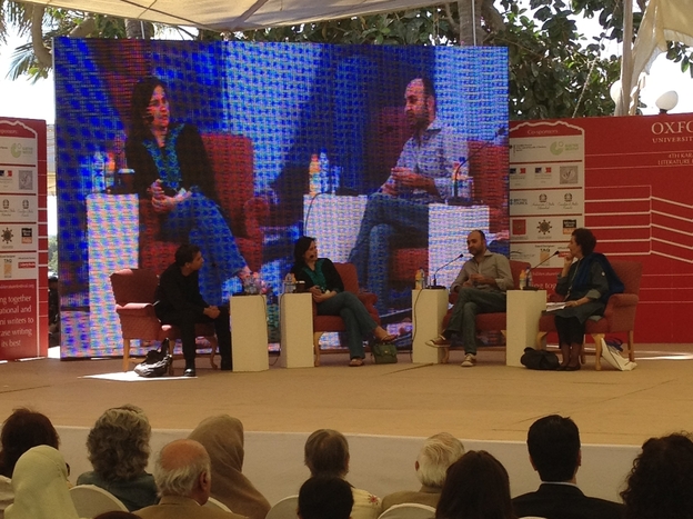 Novelists Nadeem Aslam, Kamila Shamsie, Mohsin Hamid on stage at the Karachi Literature Festival. On the far right is the moderator, writer Muneeza Shamsie — Kamila Shamsie's mother.