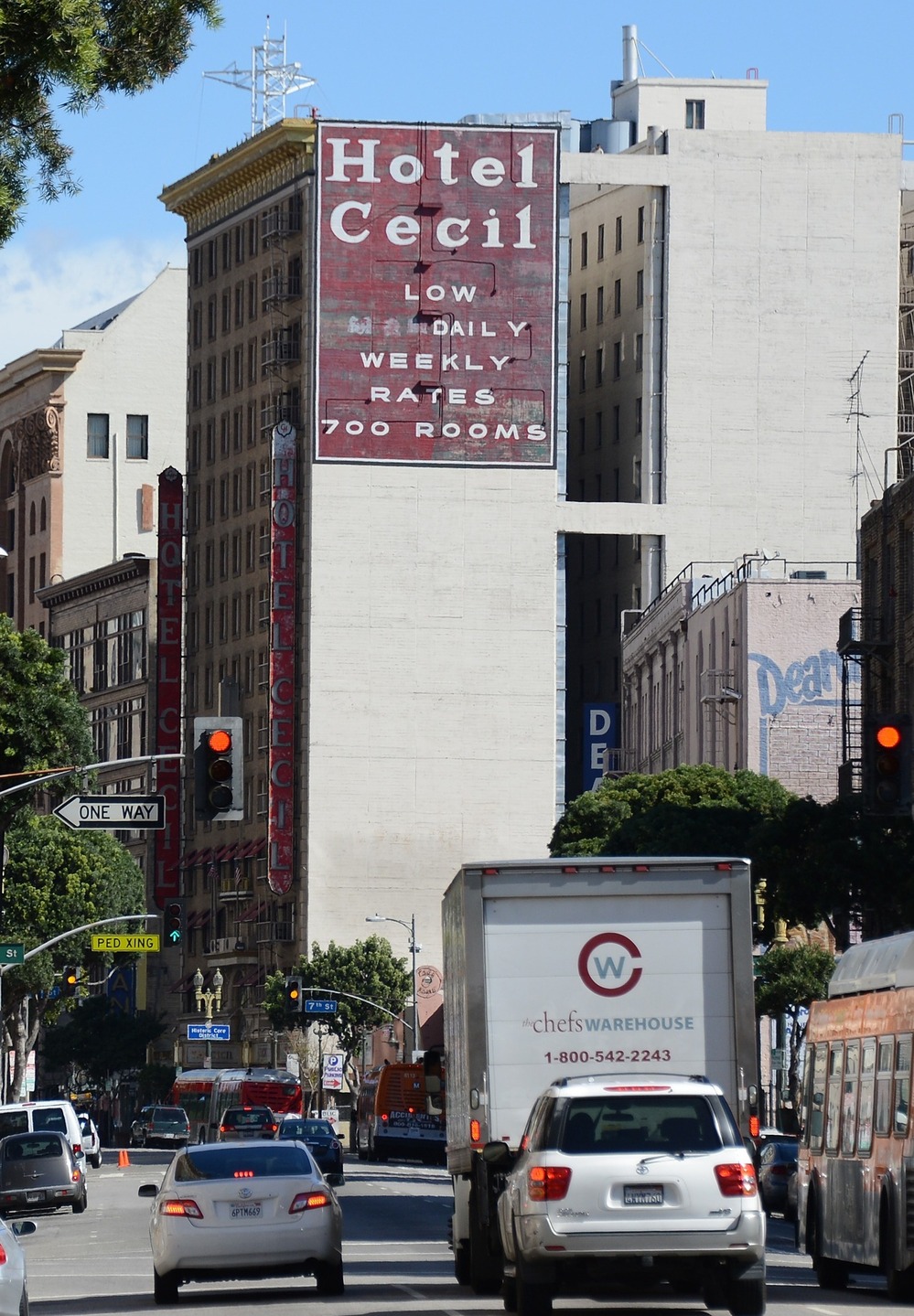 The Cecil Hotel in Los Angeles, which advertises "low monthly rates."