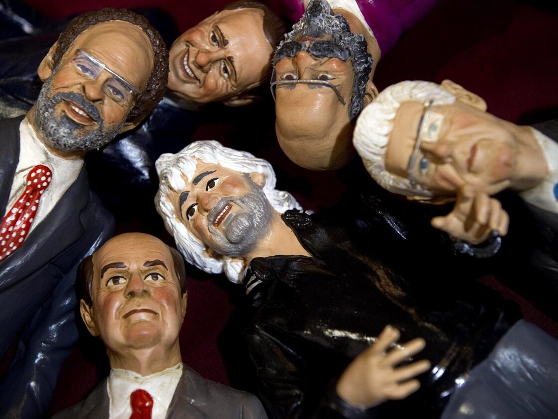 Figurines representing the main candidates of the upcoming Italian general election are on display in a shop in Naples. Seen (clockwise from left) are magistrate Antonio Ingroia, former Prime Minister Silvio Berlusconi, Oscar Giannino, outgoing Prime Minister Mario Monti, Grillo and the Democratic Party's Pier Luigi Bersani.