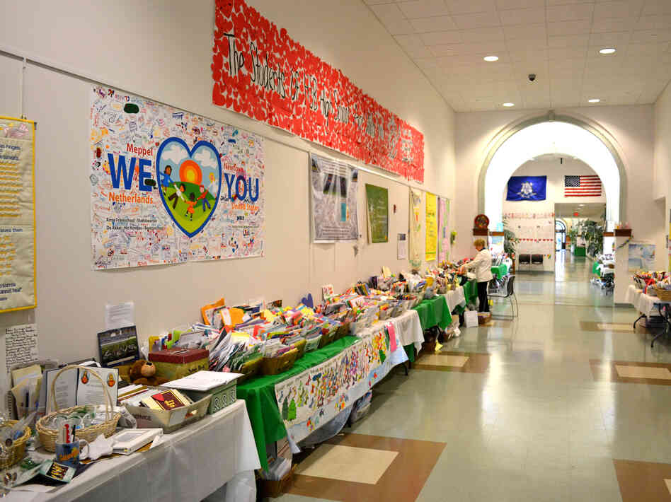 Some of the many cards, letters and artwork sent to Newtown from all over the world was on display at the Newtown Municipal Center on Jan. 30. The items were recently moved to temporary storage.