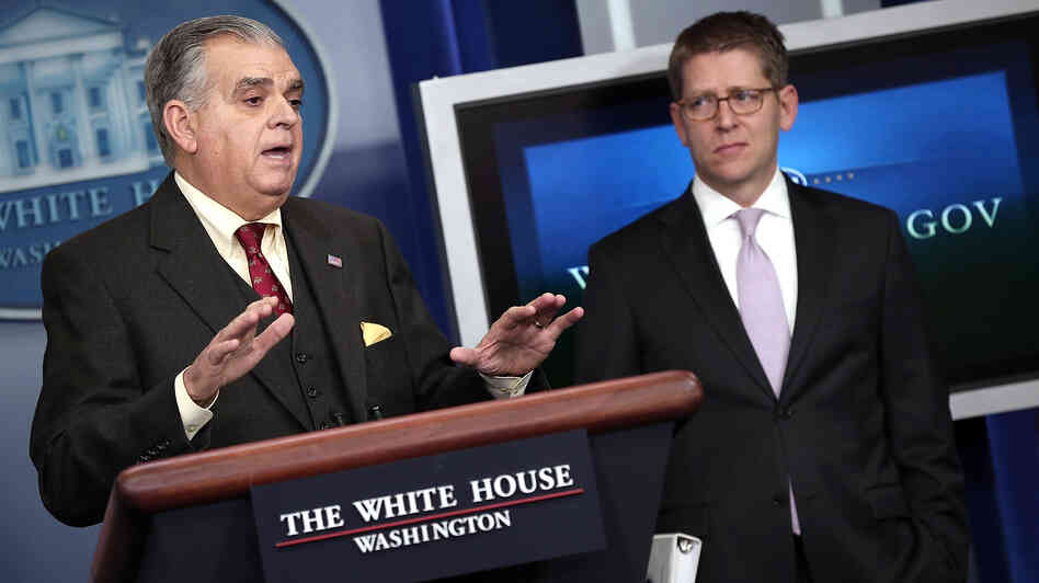 Transportation Secretary Ray LaHood (left) answers questions during a briefing with White House Press Secretary Jay Carney on Friday.
