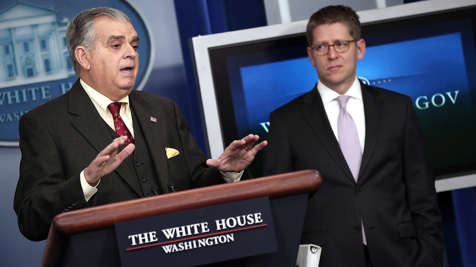 Transportation Secretary Ray LaHood (left) answers questions during a briefing with White House Press Secretary Jay Carney on Friday.