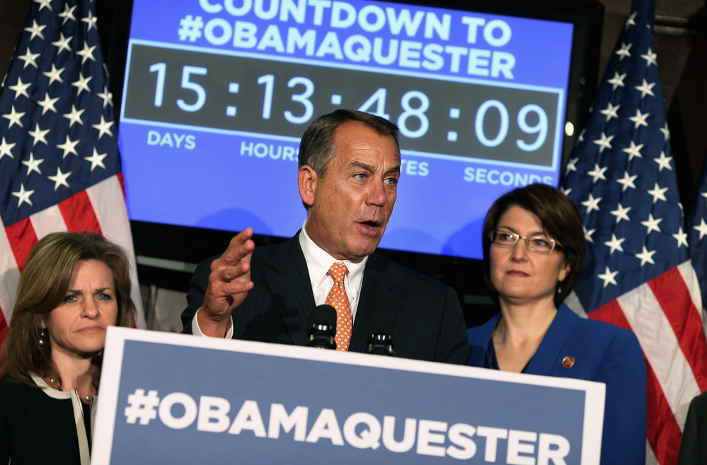 House Speaker John Boehner  held a news conference Feb. 13 in which Republicans promoted the hashtag #Obamaquester to blame President Obama for automatic spending cuts set to kick in March 1.