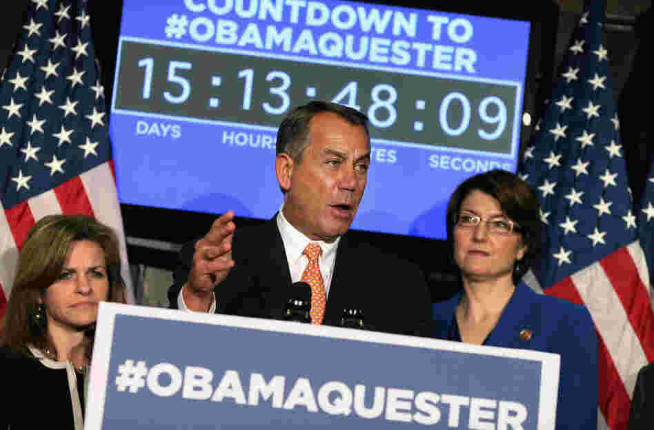 House Speaker John Boehner  held a news conference Feb. 13 in which Republicans promoted the hashtag #Obamaquester to blame President Obama for automatic spending cuts set to kick in March 1.