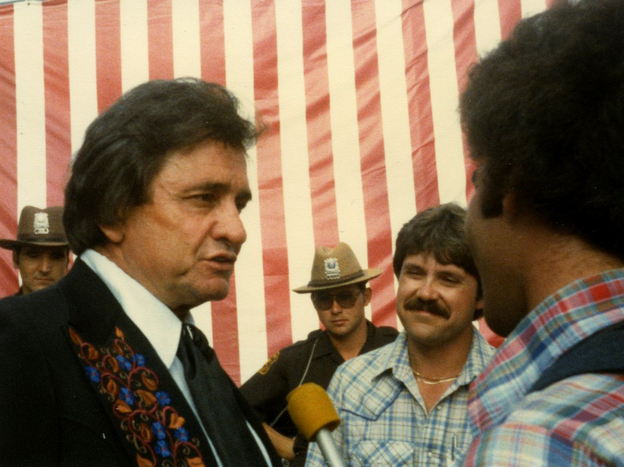 Don Gonyea (far right, in vest) interviewing Johnny Cash in 1981.