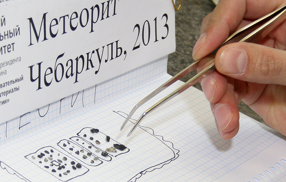Researchers who studied pieces of the meteor collected  near Lake Cherbarkul say it was a common chondrite meteor. The largest of the 53 fragments was one centimeter in diameter. Photo provided by the Urals Federal University Press Service.