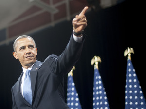 President Barack Obama points to the crowd after delivering remarks on immigration in Las Vegas in January.