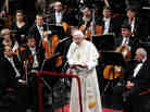 Pope Benedict XVI addresses the audience at Milan's La Scala opera house where he heard a performance of Beethoven's Symphony No. 9 conducted by Daniel Barenboim.