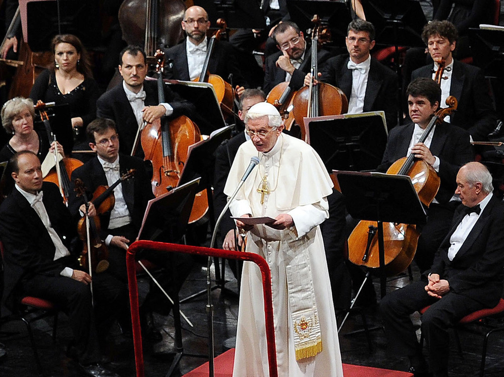 Pope Benedict XVI addresses the audience at Milan's La Scala opera house where he heard a performance of Beethoven's Symphony No. 9 conducted by Daniel Barenboim.