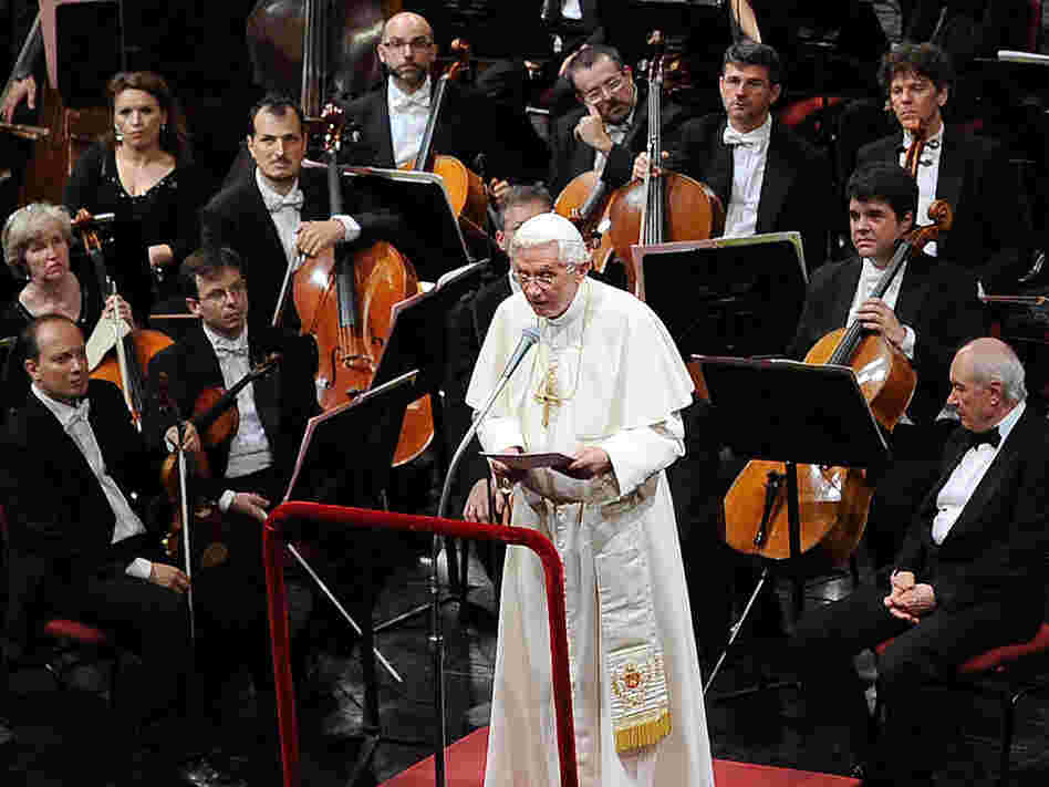 Pope Benedict XVI addresses the audience at Milan's La Scala opera house where he heard a performance of Beethoven's Symphony No. 9 conducted by Daniel Barenboim.