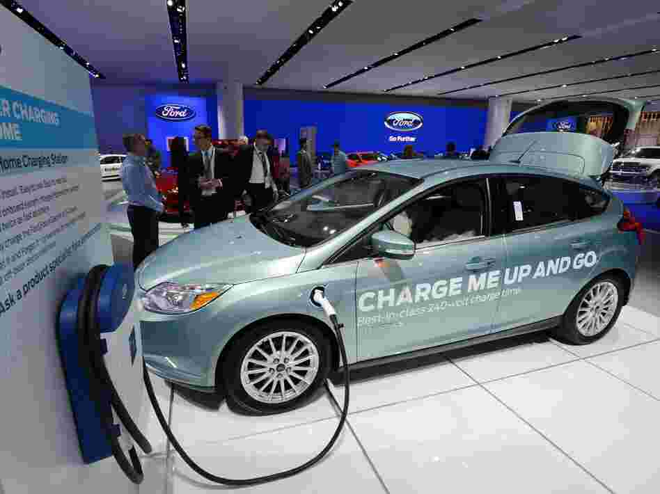 A Ford Focus electric concept car with a home charging unit on display at the 2013 North American International Auto Show in Detroit, Mich., in January.