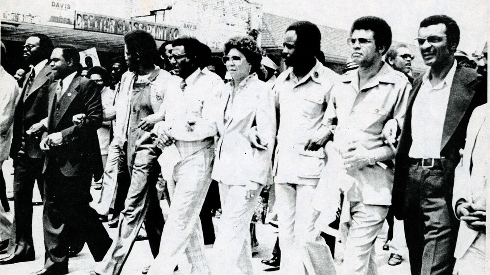 An undated photo from the exhibit shows Southern Christian Leadership Conference officials leading demonstrators in a march "against fear and injustice" in Decatur, Ga.
